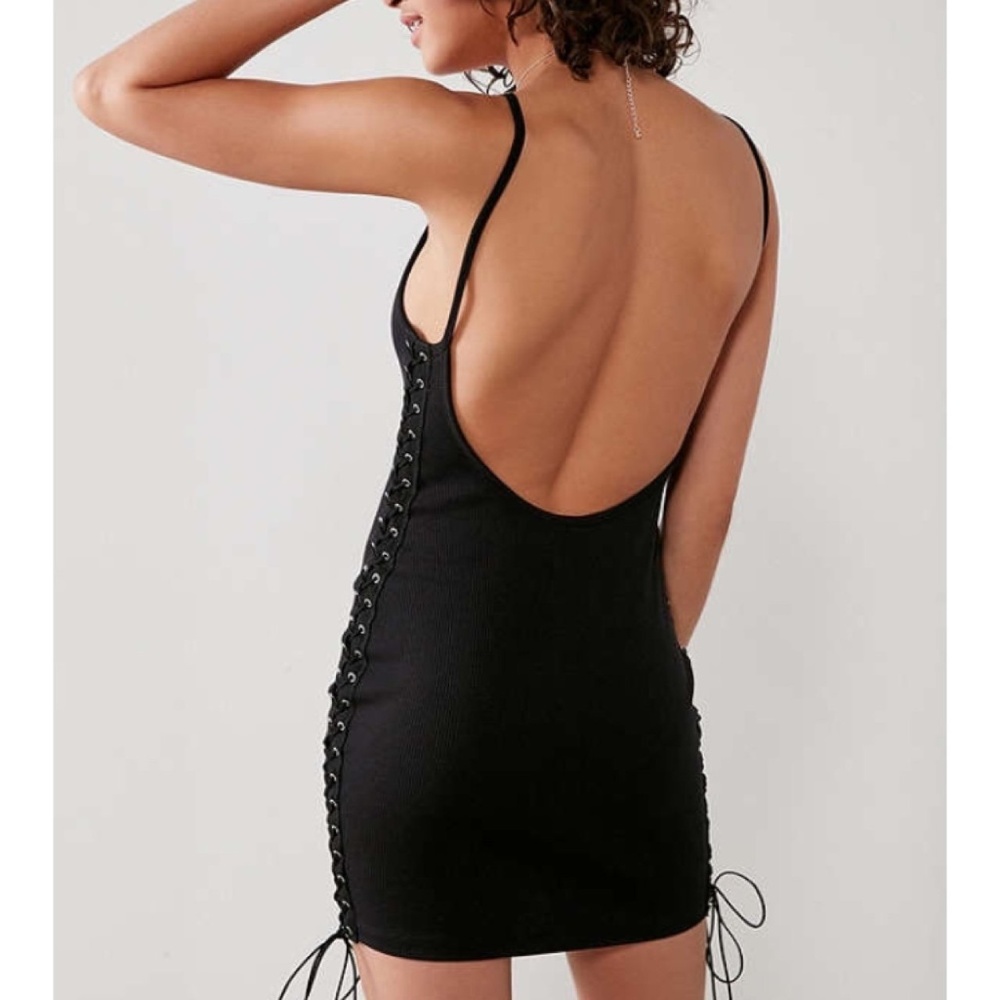 Silence + Noise Ribbed Lace Up Sides Black Dress